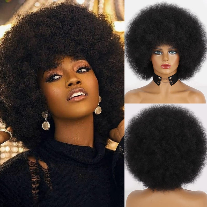 Xinran Short 70s Afro Wigs for Black Women, Large Synthetic Black Short Afro Wig 70's, 8 Inches 60s Afro Wig for Women Bouncy and Soft Natural Looking(Black) - Image 1